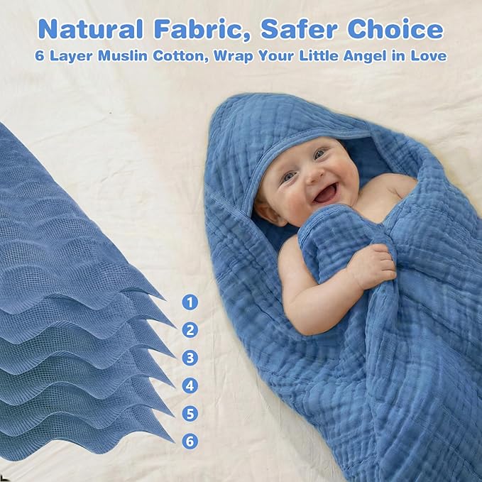 Hooded Baby Bath Towels for Newborn, 2 Pack - 6-Layer 100% Muslin Cotton, Soft Absorbent Baby Towels with Hood for Babies, Infants & Toddlers, Large 32x32 Inch Unisex Newborn Baby Bath Essentials