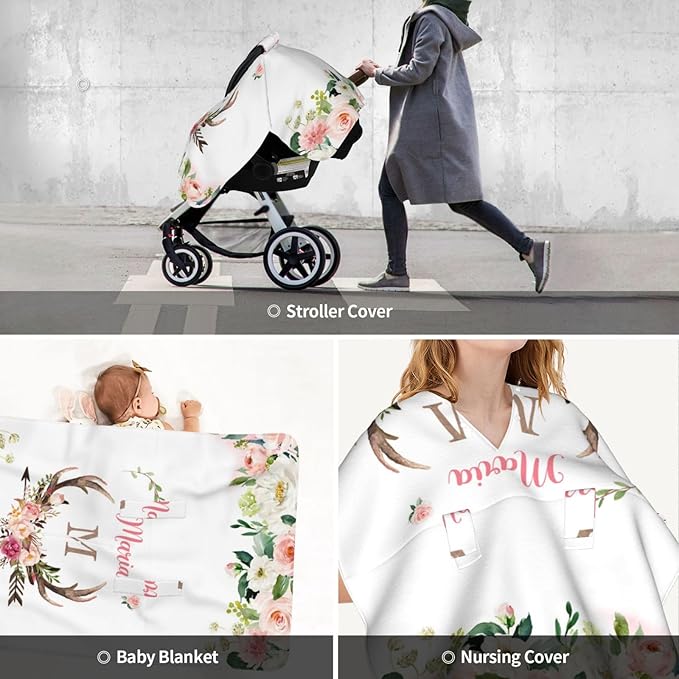 Personalized Baby Car Seat Canopy for Babies, Custom Name Car Seat Covers for Baby Girl, Antlers Deer Opening Minky Nursing Breastfeeding Cover for Infant, Carseat Canopies for Newborn