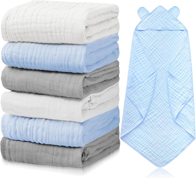 Preboun 6 Pcs Muslin Baby Hooded Towels Cotton Absorbent 6 Layers Cute Bath Toddler Towels for Newborn Kids Girl Infant Boys Toddler Shower Gift Supplies (Grey,Blue,White)