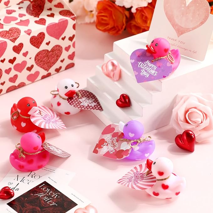 Jerify 48 Pcs 2 Inch Valentines Rubber Ducks Bulk with Gift Cards Mini Heart Rubber Duckies Bath Toys Valentine's Day Gift for Kids Classroom Favors Prizes Exchange (Colorful)