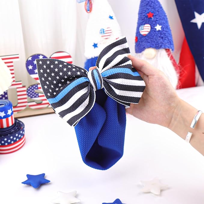 YanJie 7" Baby Girls Headbands National Police Week Hair Bow Blue Line Flag Printed Headbands Police Support Nylon Headband Infant Bows Gift