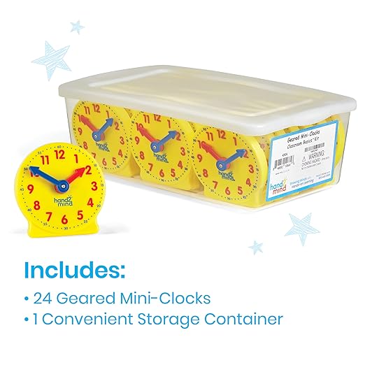 hand2mind Mini Geared Clock Classroom Set, Telling Time, Teaching Clocks, Learn to Tell Time for Kids, Analog Clock for Kids Learning, Classroom Clocks for Students (Set of 24)
