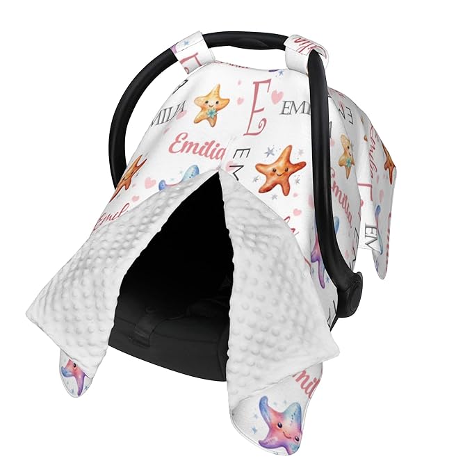 Custom Baby Car Seat Canopy Personalized Car Seat Covers with Name for Baby Boys Girls Customized Starfish Nursing Breastfeeding Cover Infant Carseat Canopies Newborn Minky Baby Blanket