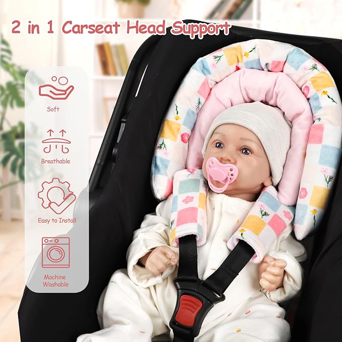 SWESEN Baby Car Seat Head Support, Super Soft 2 in 1 Infant Car Seat Insert, Reversible Newborn Car Seat Insert Cushion with Strap Covers for Strollers, Bouncers, Swing, Floral