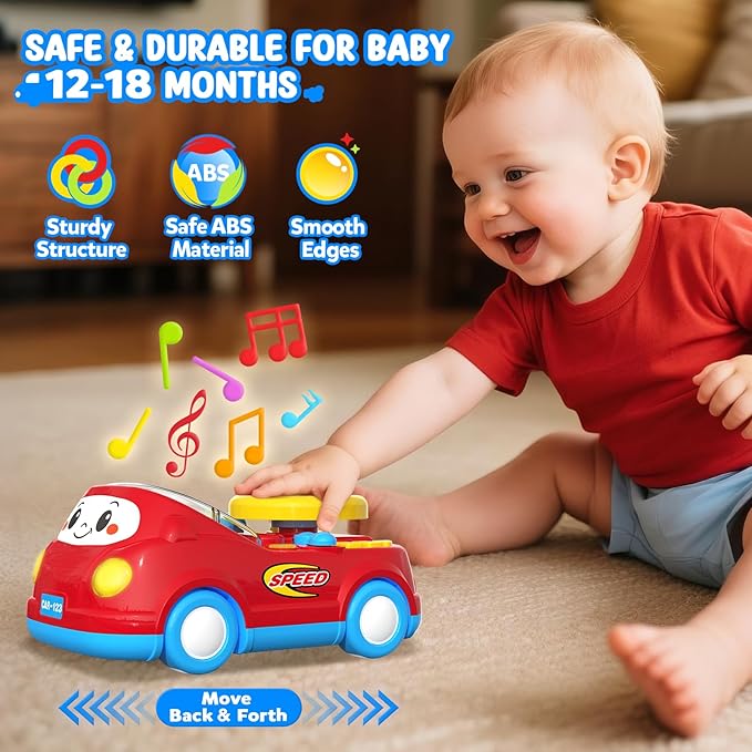 Toys for 1 Year Old Boy Gifts - 2-in-1 Toddler Push Car & Musical Racing Adventure Steering Wheel Driving Game, Interactive Simulated Driving Car for Baby 12-18 Months, Birthday Gift Ages 1-2, Red