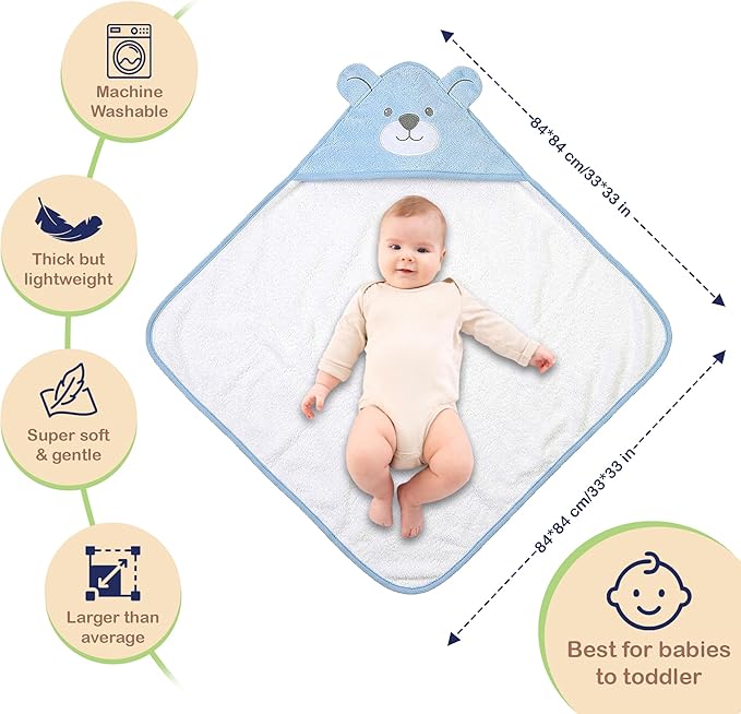 Mother's Choice 100% Organic Cotton Hooded Toddler Towels – Large Cotton, Ultra-Soft & Absorbent Baby Towels for Newborns, Infants, Toddlers, Boys & Girls with Animal Hood (Blue Bear)