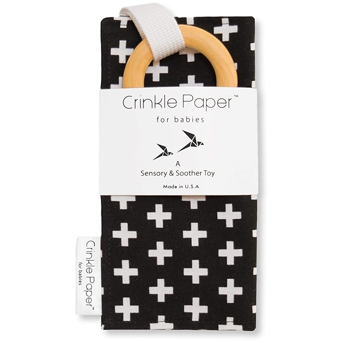 Baby Crinkle Paper Toy – Eco-Friendly Cotton Sensory Teether with Beech Wood Ring – BPA-Free, Montessori Infant Toy