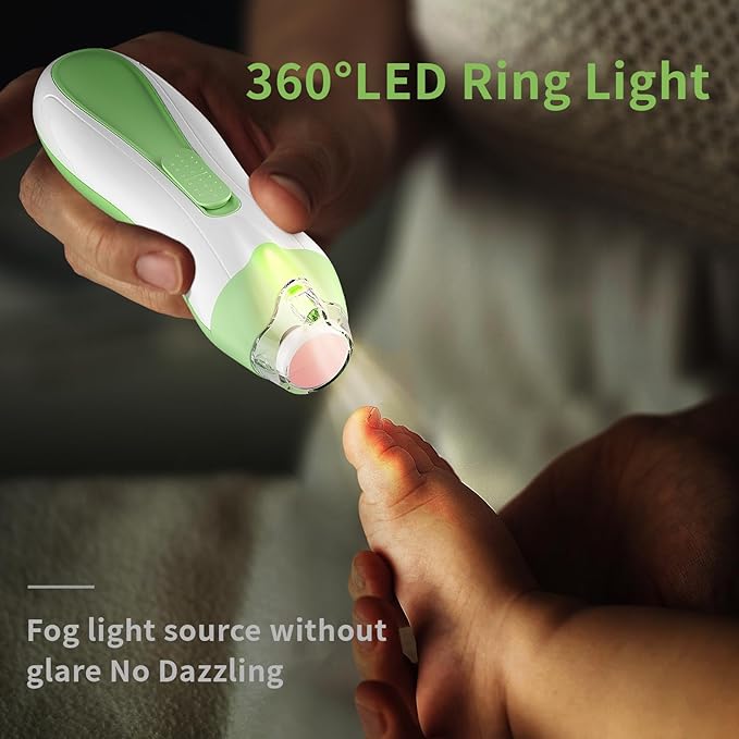 Baby Nail File Electric Baby Nail Care Set with LED Light, Baby Nail Clipper Electric for Newborn/Infants/Adults Toenails and Fingernails, 7 Grinding Head Replacement Pads, Green