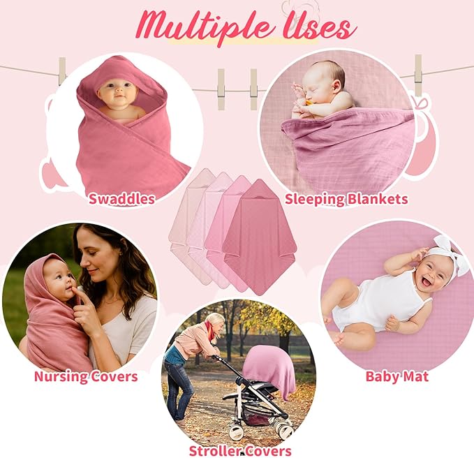 Preboun 4 Pcs Muslin Hooded Baby Towels,32"x 32" Cotton Newborn Bath Towel Muslin Infant Baby Blankets Absorbent Unisex Newborn Registry Gift for Girls Boys(Brown Series)