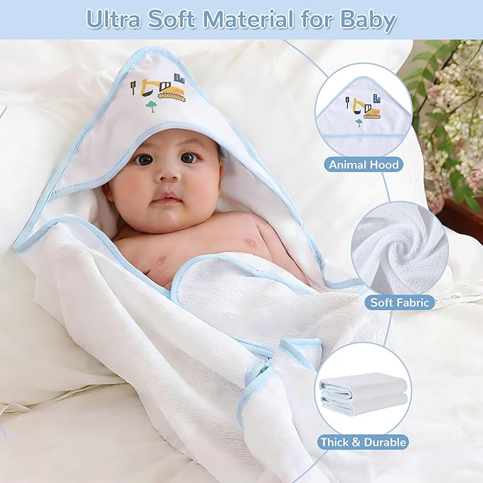 Viviland 6 Pcs Hooded Baby Towels and Washcloths Set, Super Gentle Bath Towels for Newborn Face & Body, Absorbent Wash Cloth for Infants Boys, Grey-Excavator Pattern, 28 x 28 inch