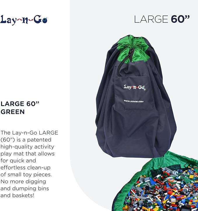 Lay-n-Go Layflat Portable Drawstring Cinch Storage Toy & Mini Figures Organizer & Play Mat, Mesh Pockets, Home & Travel, Kids & Toddlers Playdates, 2 Straps for Backpack, Durable, Machine Washable