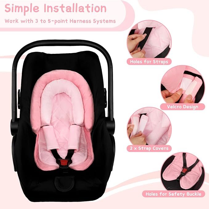 Pea Pod Baby Car Seat Head Body Support & Strap Covers, 2 in 1 Infant Car Seat Insert, Reversible Soft Breathable Newborn Cushion Pads for Preemie, Perfect for Baby Carseats, Strollers, Swings (Pink)