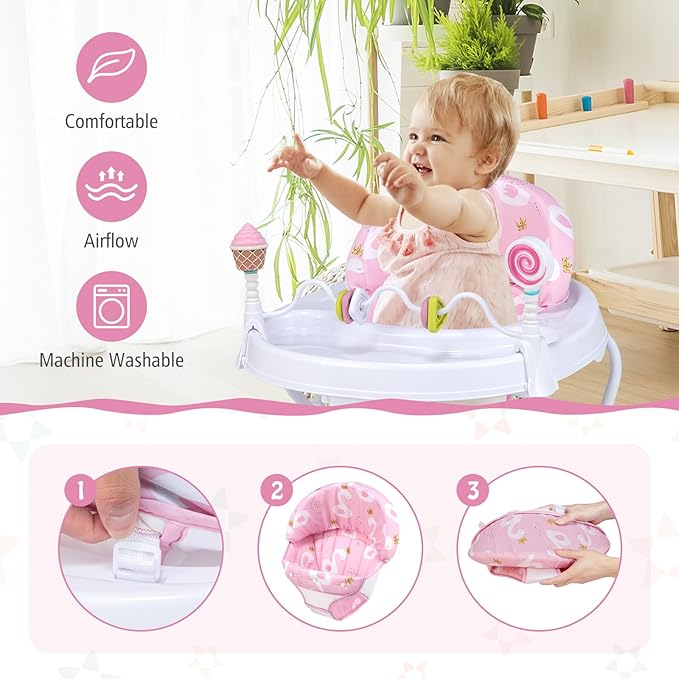 HONEY JOY Baby Walker, Foldable Toddler Push Walker with Toys, Adjustable Height, High Back Padded Seat, Infant Activity Walker with Wheels for Boys and Girls (Pink)