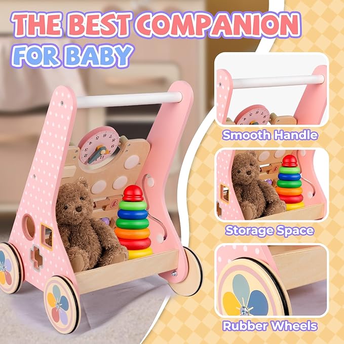 BAUTIA Wooden Baby Walker, Push Walker for Baby Girl 10-12 Months, Montessori Walker Push Toy for Toddlers Learning to Walk