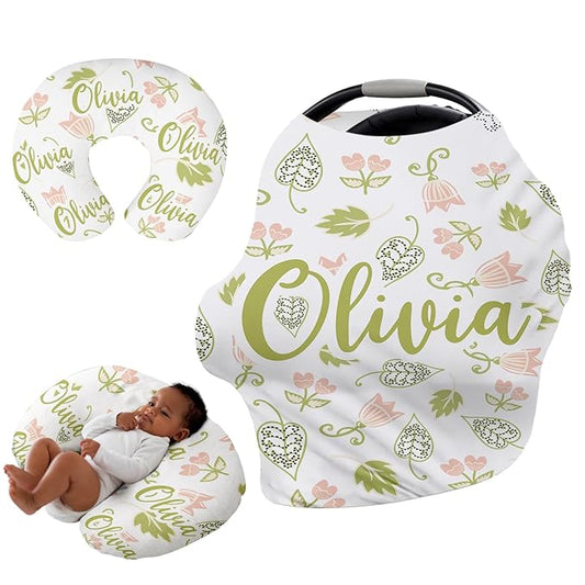 Personalised Car Seat Cover for Babies - Multi-use Carseat Canopy Cover with Name, Car Seat Covers, Christmas Birthday Gifts for Infant Boys and Girls Light Green Flower