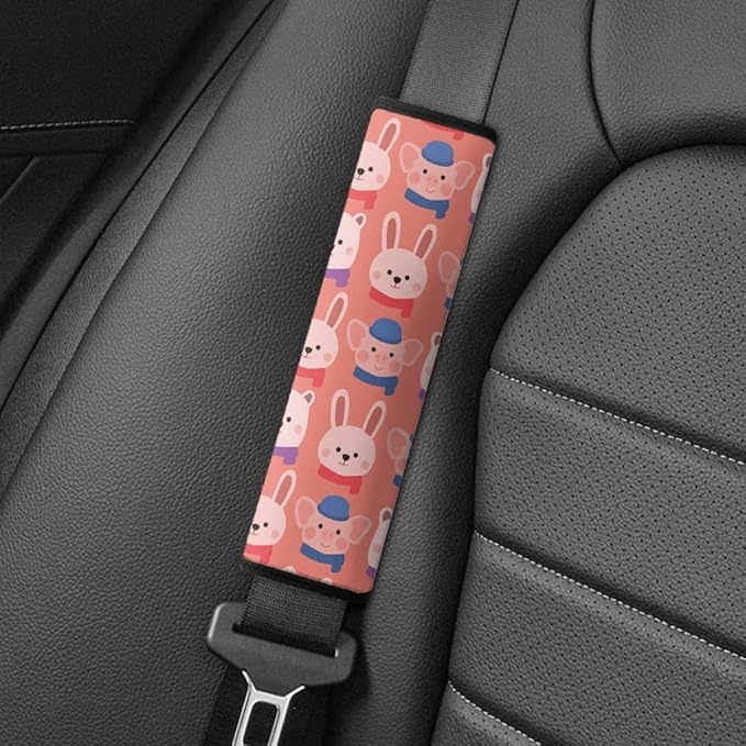 ENLACHIC Kids Car Seat Belt Cover, Cute Cartoon Animal Print Baby Car Seat Strap Pads Infant Car Seat Protector Car Accessories Universal All Cars,Pink Rabbit