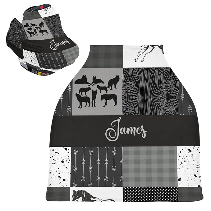Personalized Car Seat Covers with Name- Customized Nursing Cover- Breast Feeding Essentials & Baby Necessities- Stroller Carseat Canopy for Infant Boys Newborn, Woodland Wolf