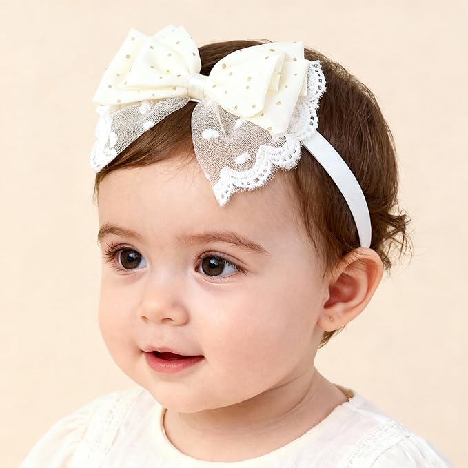 Baby Girls Hairbands bows Headband Stretchy Soft Flower Hairband Toddler Handmade Headbands with Pearls Elastic Headband for Infant Toddler Girl Hair Accessories (Lace Dot Bow, Elastic)