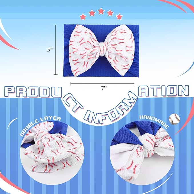 YanJie 7" Large Baseball Tied Bow Headbands for Baby Girls Sports Bow Big Bows Infant Wide Hairbands Blue Game Day Hair Accessories for Baseball Outfit