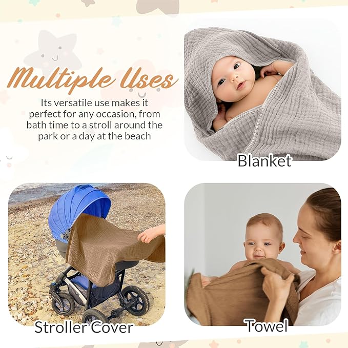 Hahafelt 6 Pcs Muslin Hooded Bath Towels Washcloths and Bibs Set, Muslin Cotton Baby Towels Absorbent Hooded Blanket Towel Infant Bibs for Boys Girls Newborn Infant Essential(Brown, Beige)