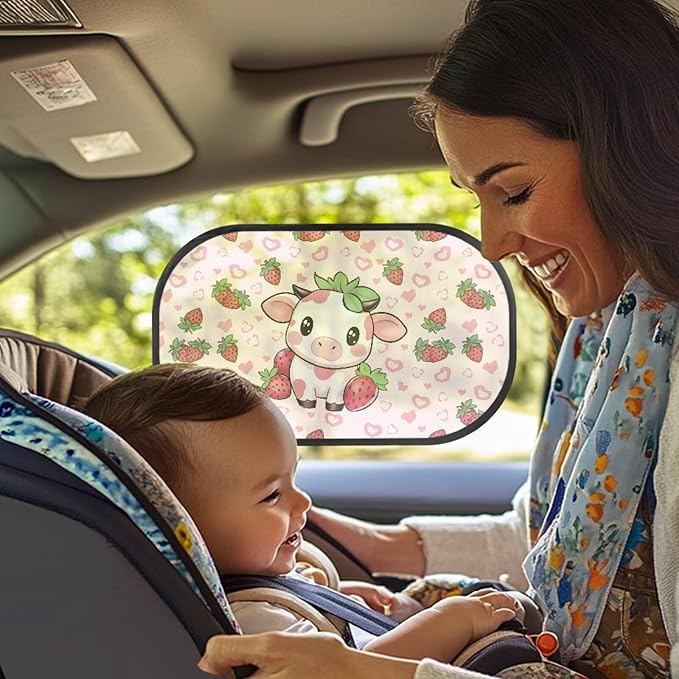 Bulopur 2 Pack Car Window Shades for Side Window UV Protection Cow Print Strawberry Sun Protection and Sun Shade Blocker Car Shades Back Windows Baby Auto Interior Accessories