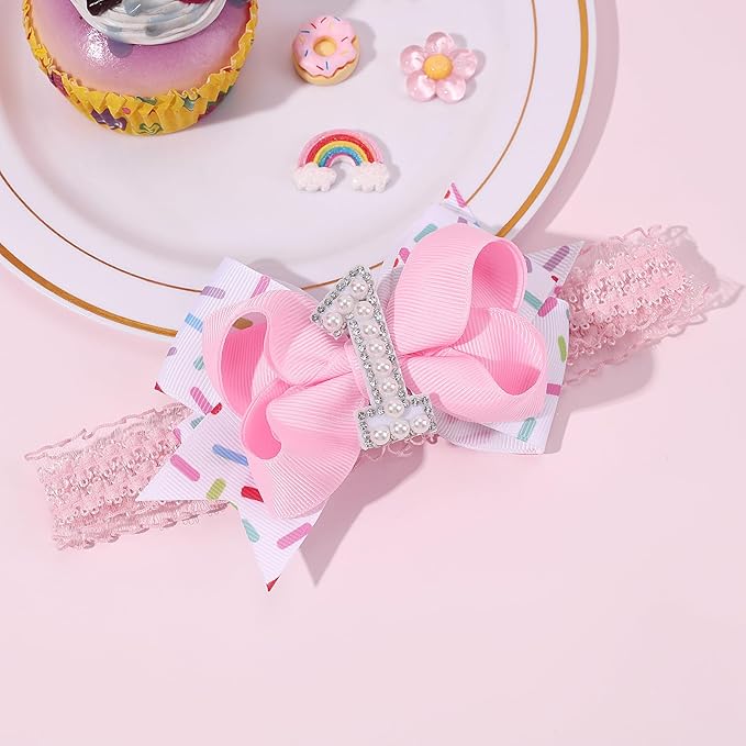 Hair Bows for Baby Girls Birthday - 1st Birthday Baby Girl Headband Sweet Theme with Ice Cream Party, Pink Hair Accessories for Baby Toddler 1 2 3 4 5 6 Years, Outfit & Decorations