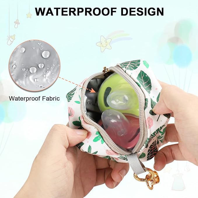 Baby Pacifier Case with Clip, Baby Pacifier Holder Pouch Box for Diaper Bag, Holds 2 Pacifiers for Travel Outdoor Activities, Small Baby Utensils,Green Leaf