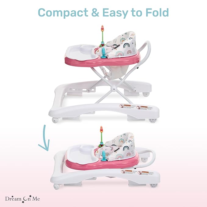 Dream On Me Mia Foldable Baby Walker in Pink, Foldable Walker with Adjustable Heights, Removable, Machine Washable High-Back Padded Seat, Suitable for 6-12 Months
