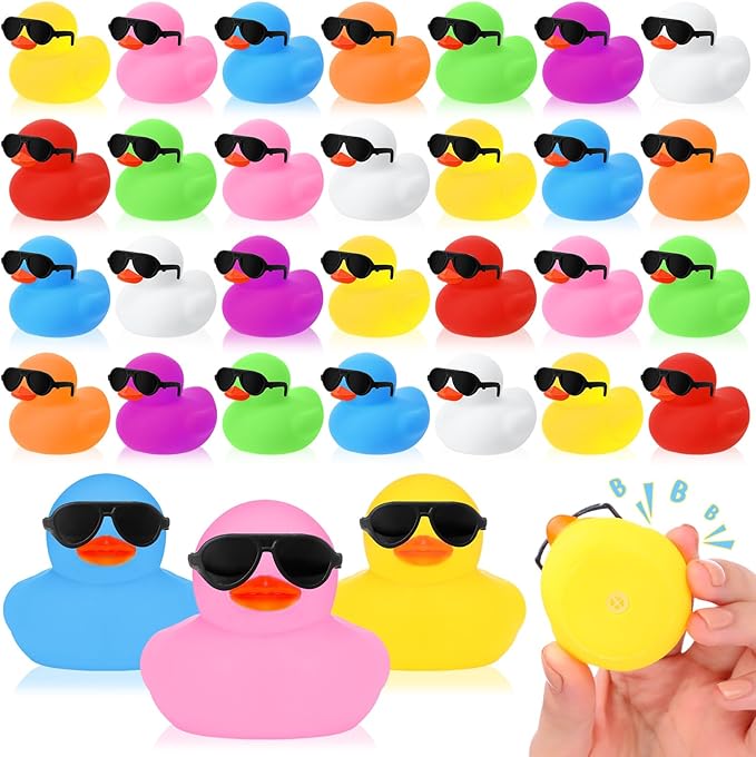 Sosation 36 Packs Mini Rubber Ducks with Sunglasses Sets 2.2 Inch Bath Squeaky Rubber Duckies Cute Float Bathtub Toys for Birthday Party Favors Class Carnival Prizes Car Decor(Multicolored)