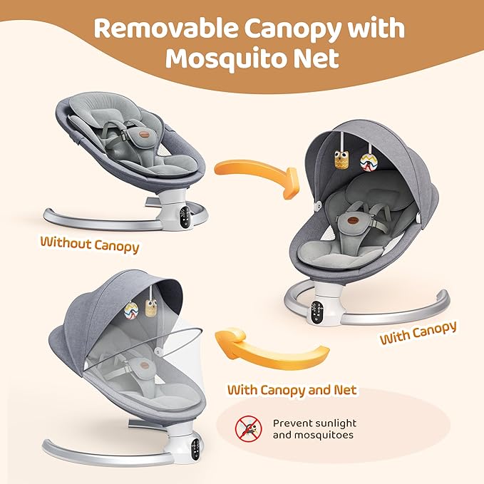 Baby Swings for Infants - Exclusive App & Bluetooth Function, Electric Baby Swing with 5 Point Harness & 5 Sway Speeds, 10 Preset Lullabies, Portable Infant Swing for Indoor/Outdoor (Light Gray)