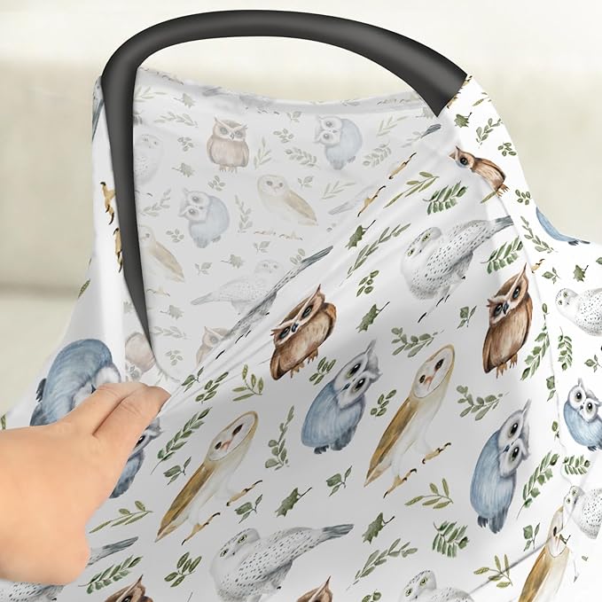 Watercolor Owls Boho Leaves Car Seat Cover for Babies Owl Breeds Green Leaves Stretchy 5-in-1 Cover Adjustable Infant Carseat Cover Canopy Vintage Birds Breathable Nursing Cover-Up