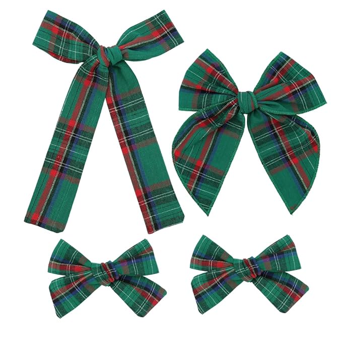 Set of 4 Tartan Green Bow Hair Clips for Little Girls Toddler Baby Mom Women Hair Barrettes Accessories 3 Styles School Uniform Plaid Bows