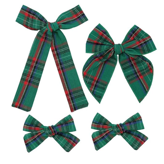 Set of 4 Tartan Green Bow Hair Clips for Little Girls Toddler Baby Mom Women Hair Barrettes Accessories 3 Styles School Uniform Plaid Bows
