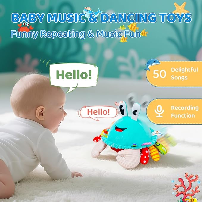 Baby Toys 12-18 Months, Musical Crawling Toys Baby Crab Plush Toy, 50 Songs & Recording Feature, Dancing Bouncing Interactive Baby Sensory Toddler Toys 6-12 Months, Tummy Time Toys for 1 Year Old Gift