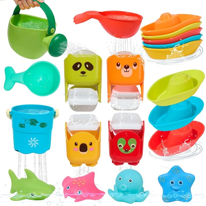 Mold Free Bath Toys, 17PCS | Easy Clean Easy-Grip Baby Bath Toys for Kids Ages 1-3 | Bath Boats Cups Watering Can Tub Toy for Toddlers Age 2-4 | Bathtub Pool Water Toys for 1+ Year Old Boys Girl Gifts