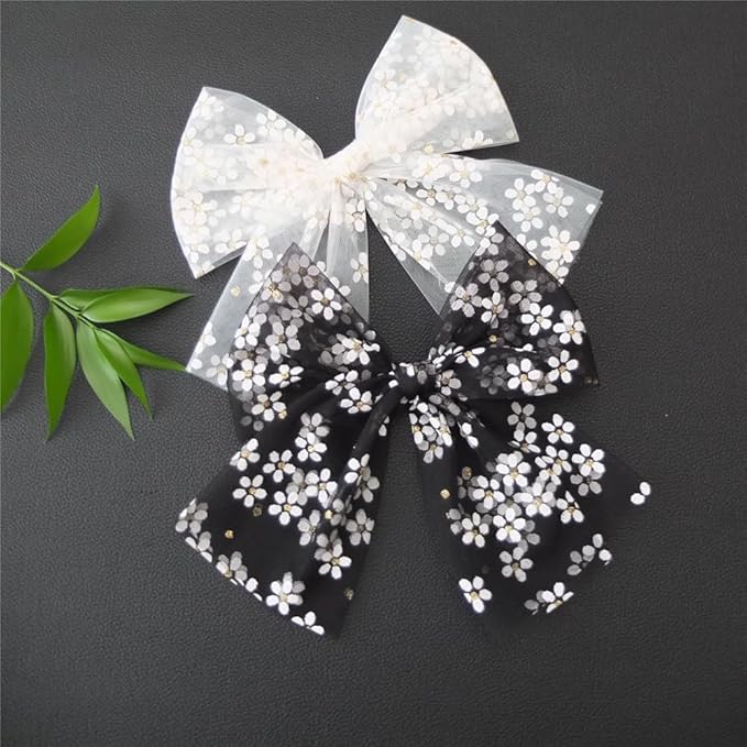 Large Tulle Bow Hair Clips for Baby Girls - Lace Hair Bow Women Cottagecore Lightweight Gauze Hair Barrettes Accessories (Black and White Gold Foil)