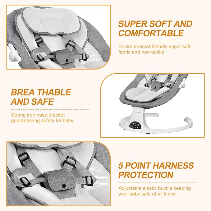 Baby Swing for Newborn to Toddler, 5 Speed Portable Infant Swing with Smart Touch Control, Remote Control, 10 Lullabies, Timer, 5 Point Harness and Soft Fabric (Grey)