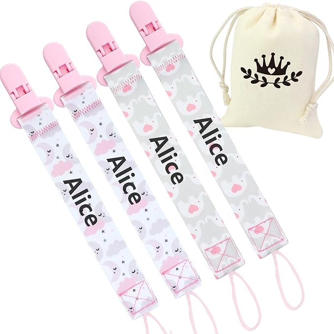 4 Pcs Personalized Dummy Strap Clip, Customized Pacifier Clip Dummy Holder Straps with 4 Silicone Adapter, Soother Chains Clips Fit All, Soothers, Teething Toys, Baby Essentials (Pink)
