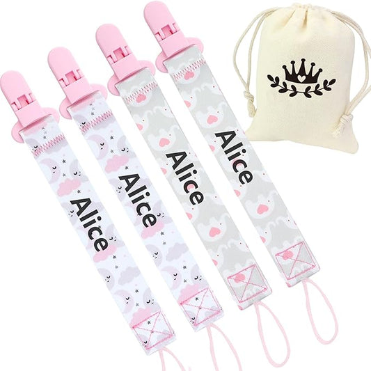 4 Pcs Personalized Dummy Strap Clip, Customized Pacifier Clip Dummy Holder Straps with 4 Silicone Adapter, Soother Chains Clips Fit All, Soothers, Teething Toys, Baby Essentials (Pink)