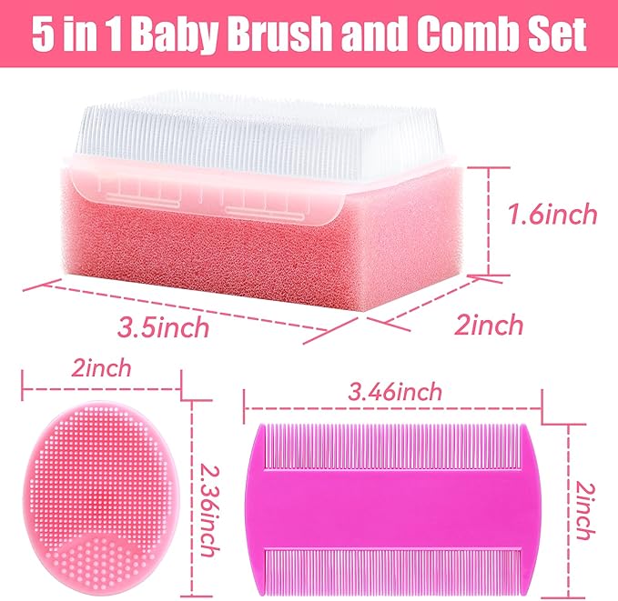 Cradle Cap Brush for Babies, 5Pcs Cradle Cap Treatment Set with Soft Bristle Brushes Silicone Scrubber Fine-Tooth Comb for Newborn Bathing Essentials Baby Brush and Comb Set (Pink)