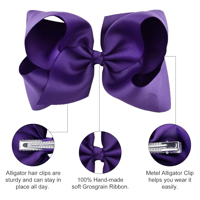 DEEKA 12 PCS 6" Big Hand-made Grosgrain Ribbon Hair Bow Alligator Clips Hair Accessories for Little Teen Toddler Girls - Purple