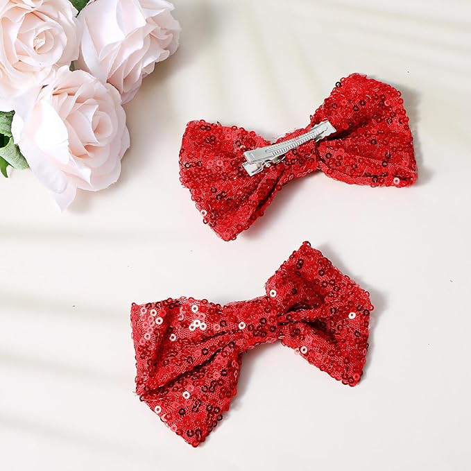 Ouligay 2 Pcs Sparkly Red Hair Bow,Sequin Christmas Bows for Girls,Christmas Hair Clips,Bows Barrettes for Toddler Girls,Red Hair Accessories for Daily Weding Thanksgiving Accessories