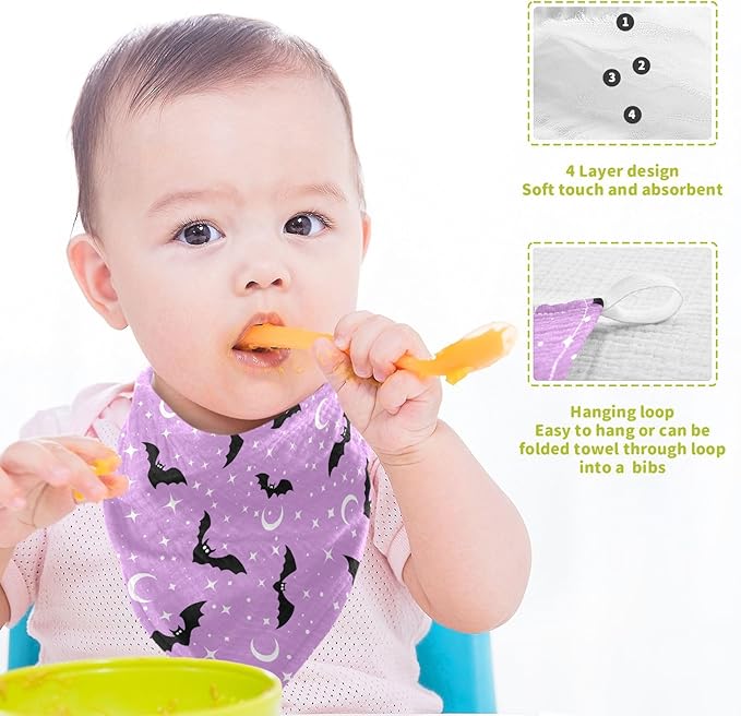 Newborn Face Towel Halloween Bats Moons Soft Cotton Baby Washcloths 11.8 x 11.8 Inch Infants Girls Boys Muslin Burp Cloths 5 Pack