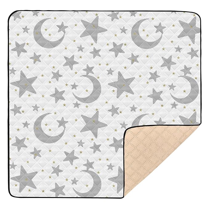 Baby Play Mat Stars Moon Pastel Grey 50 x 50 Playpen Mats for Floor Play Gym Crawling Mat Non-Slip Cushioned Baby Playmat for Infants, Babies, Toddlers