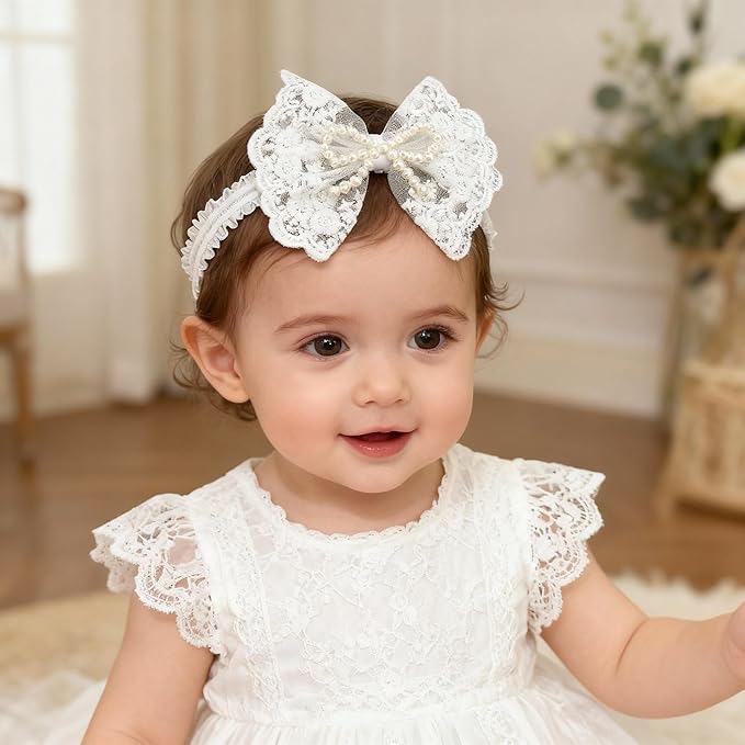 Handmade Baby Girl Headbands in Beige Baby Bows and Floral Lace Headband Bows for Newborns and Toddlers Cute Baby Girl Bows and Newborn Headband Bows