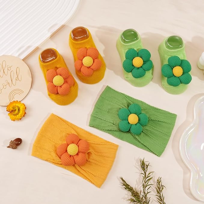 CÉLLOT Baby Girl Headband and Socks, Non-Slip Floral Socks and Soft Floral Nylon Hairbands for Babies Infants and Toddlers (Salmon+Yellow+Green)