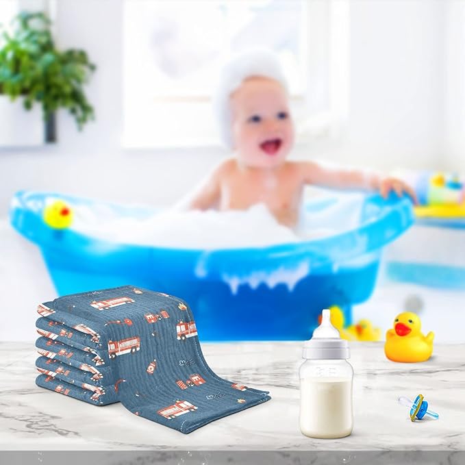 vvfelixl Firefighters Pattern Baby Burp Cloths, Baby Muslin Washcloths for Boys Girls, Cotton Baby Face Towel for Newborn Infants Soft and Absorbent 11.8 X 11.8 in, 5 Pack Blue