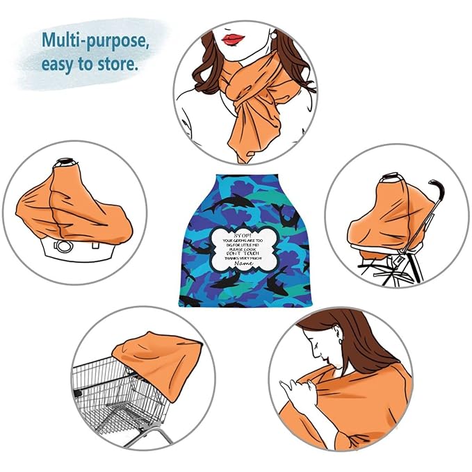 No Touch Sign Baby Car Seat Cover Personalized, Customized Shark Stroller Canopy with Name, Multiuse Nursing Covers Breastfeeding Scarf, Shower Gift for Newborn Boys Babies