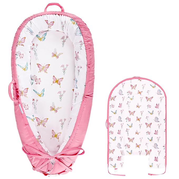Baby Lounger Cover, Cotton Newborn Nest Cover, Baby Lounger Replacement Covers, Soft & Breathable, Reversible & Adjustable, Pink Butterfly(Cover Only)