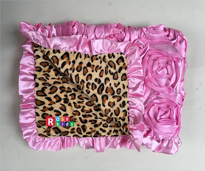 Rosy Kids Soft Baby Blanket, Outdoor Kit Standard Size for Baby Girl and Baby Boy, Baby Pink 3D Rosette Cheetah Print Velvet